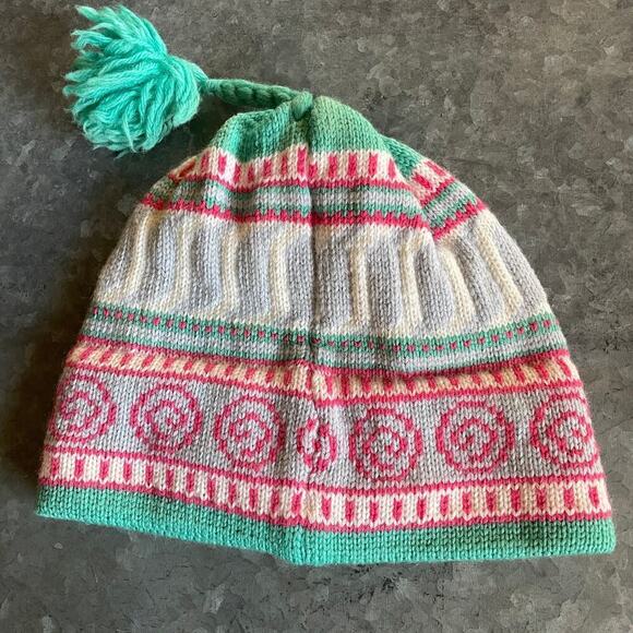 Vintage Fair Isle Wool USA Beanie Hat Cap Mint Green Pink Pom Pom Kidcore Candy - Picture 3 of 8